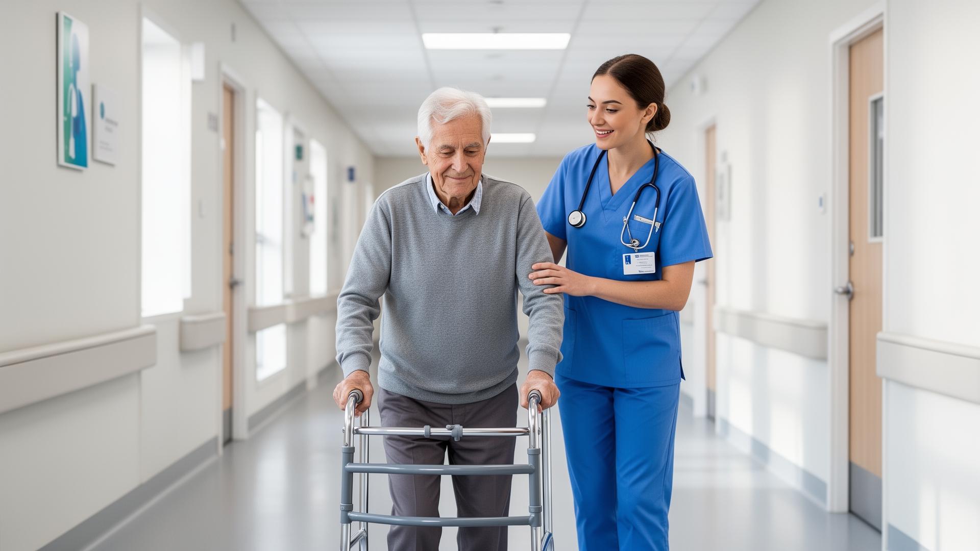 Healthcare professional assisting patient with mobility
